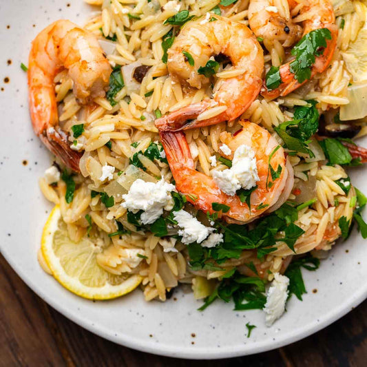 Orzo aux crevettes, légumes grillés & feta